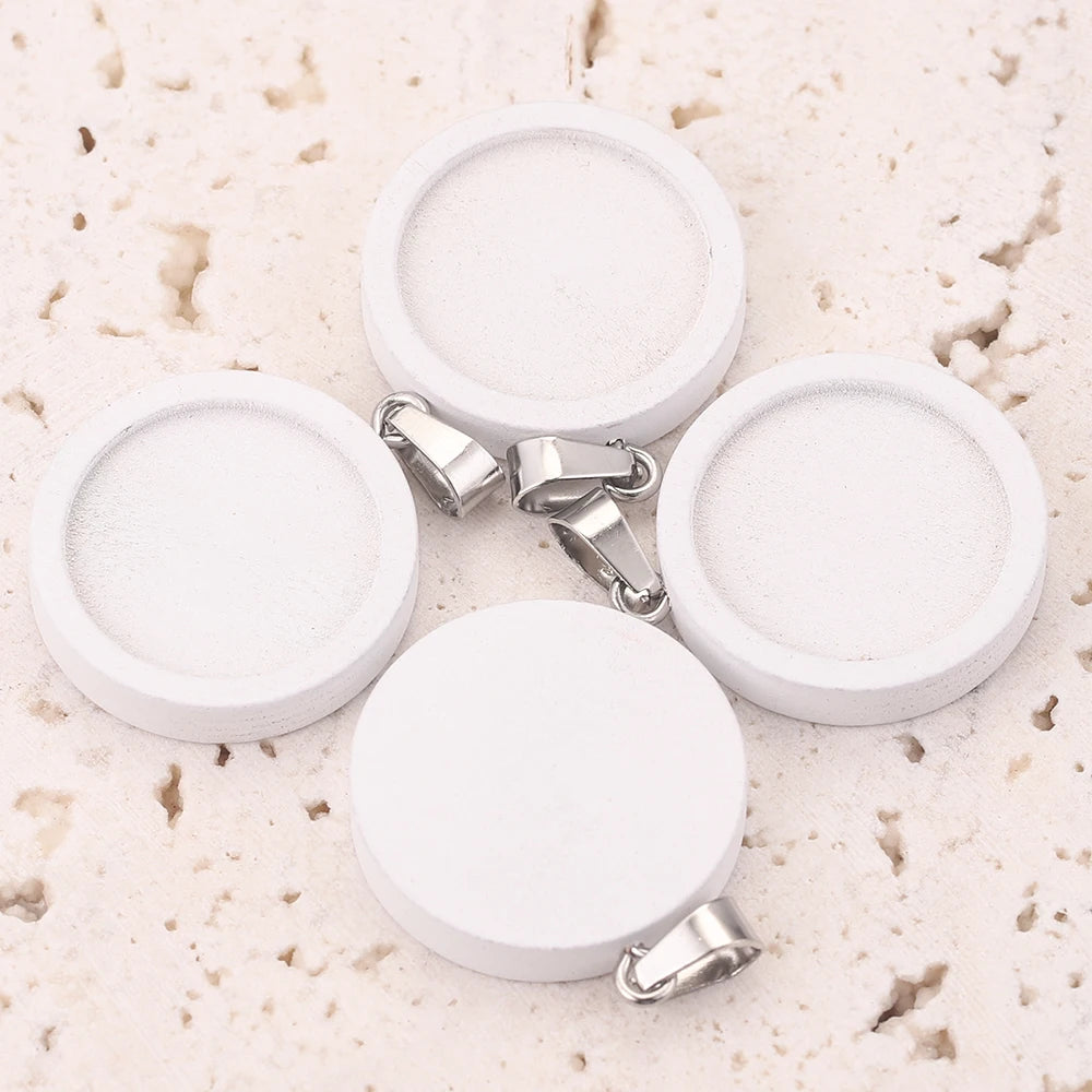 White wood Cabochon Base, Stainless Steel DIY Blanks, 10pcs 20/25mm