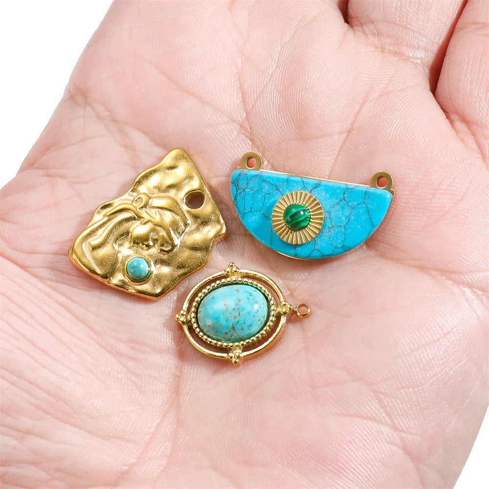 Turquoise & Gold Plated Stainless Steel Pendants, Connector Charms, 5pcs