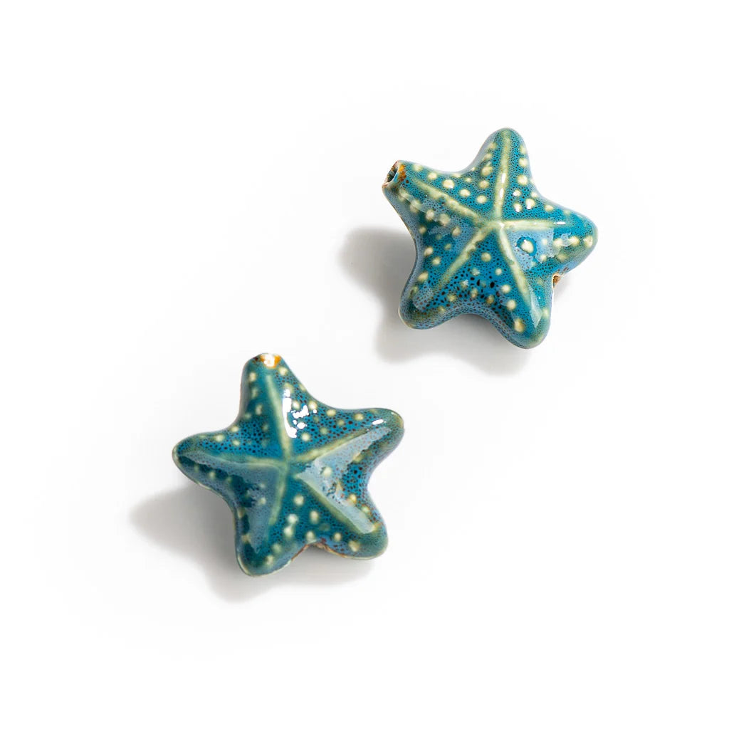 Ceramic Starfish Beads, Porcelain Necklace Findings, 14mm each, 2pcs