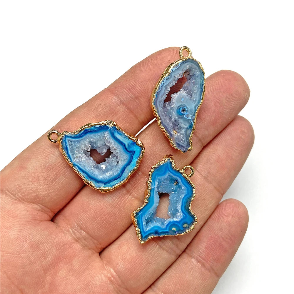 Sparkling Blue Druzy Quartz Pendants, Raw Stone Crystal Agates, Connectors and Charms, 1pc