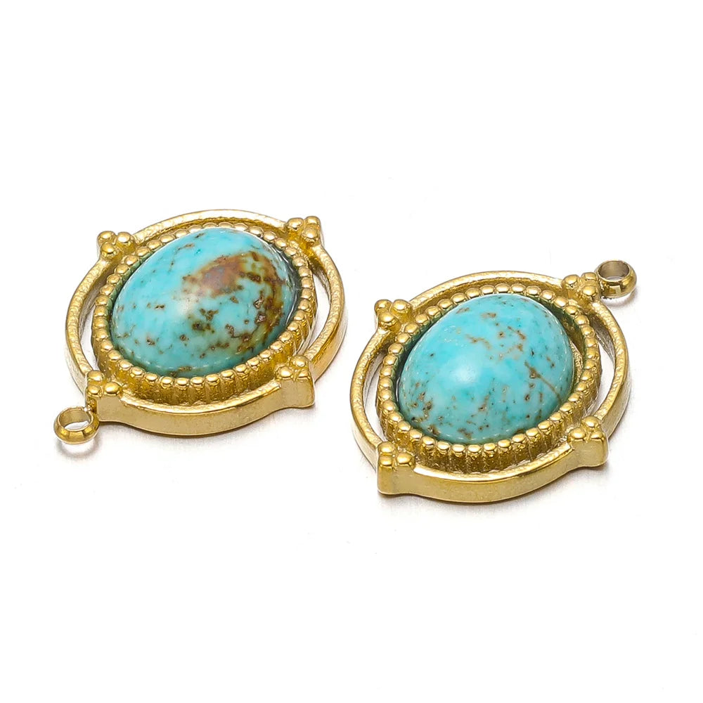 Turquoise & Gold Plated Stainless Steel Pendants, Connector Charms, 5pcs