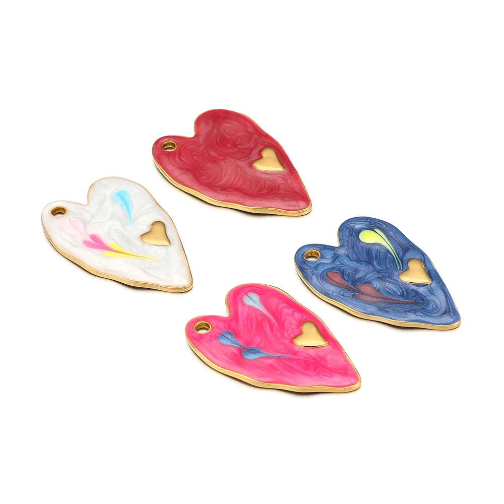 Single Hole Heart Enamel Charms, 5pcs, 18k Gold Plated Stainless Steel