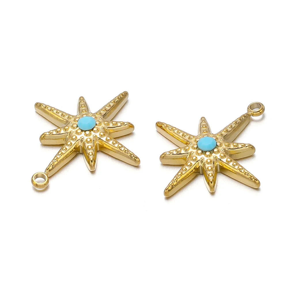 Turquoise & Gold Plated Stainless Steel Pendants, Connector Charms, 5pcs