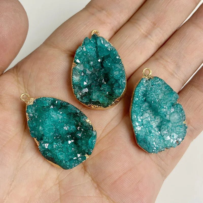 Sparkling Blue Druzy Quartz Pendants, Raw Stone Crystal Agates, Connectors and Charms, 1pc