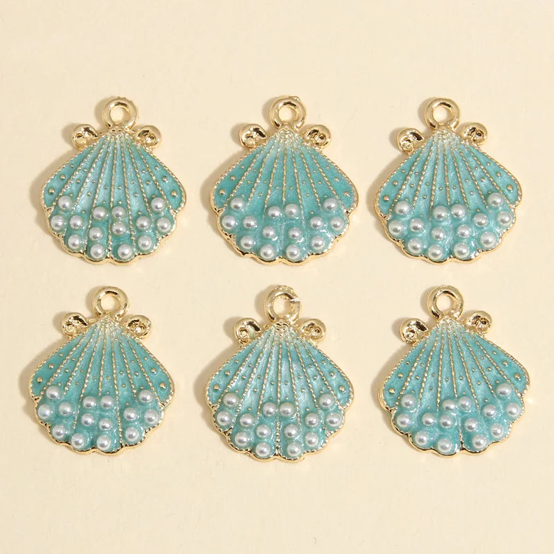 Turquoise Mint and Gold Enamel Shell Pearl Charms 21.5x18.5mm, 5pcs