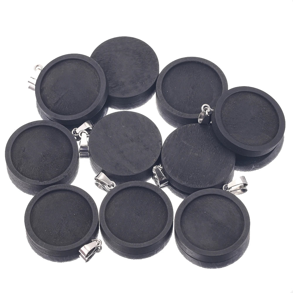 Black Cabochon Base Wooden Blank, Stainless Steel Pendant Trays, 10pcs 20/25/30mm