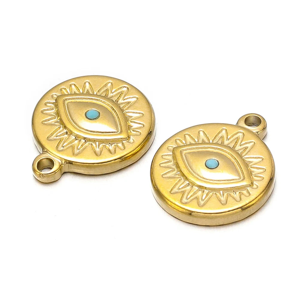 Turquoise & Gold Plated Stainless Steel Pendants, Connector Charms, 5pcs