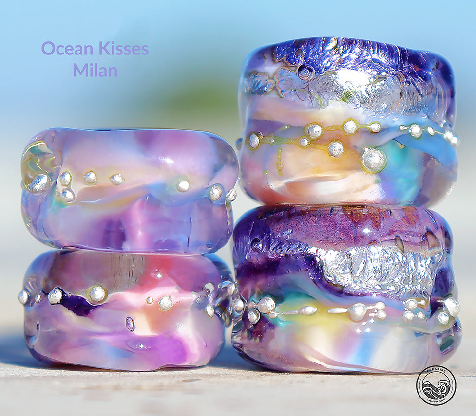 Ocean Kisses Milan Lampwork Art Glass Charm Bead Set, Handmade Large Bead Holes for Show Leads, Dreadlocks, Jewelry Design