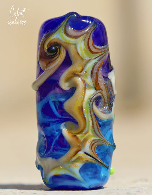 Cobalt Seahorse Lampwork Art Glass Charm Focal Bead, Handmade Lampwork, Large Bead Holes for Show Leads, Dreadlocks, Jewelry Design