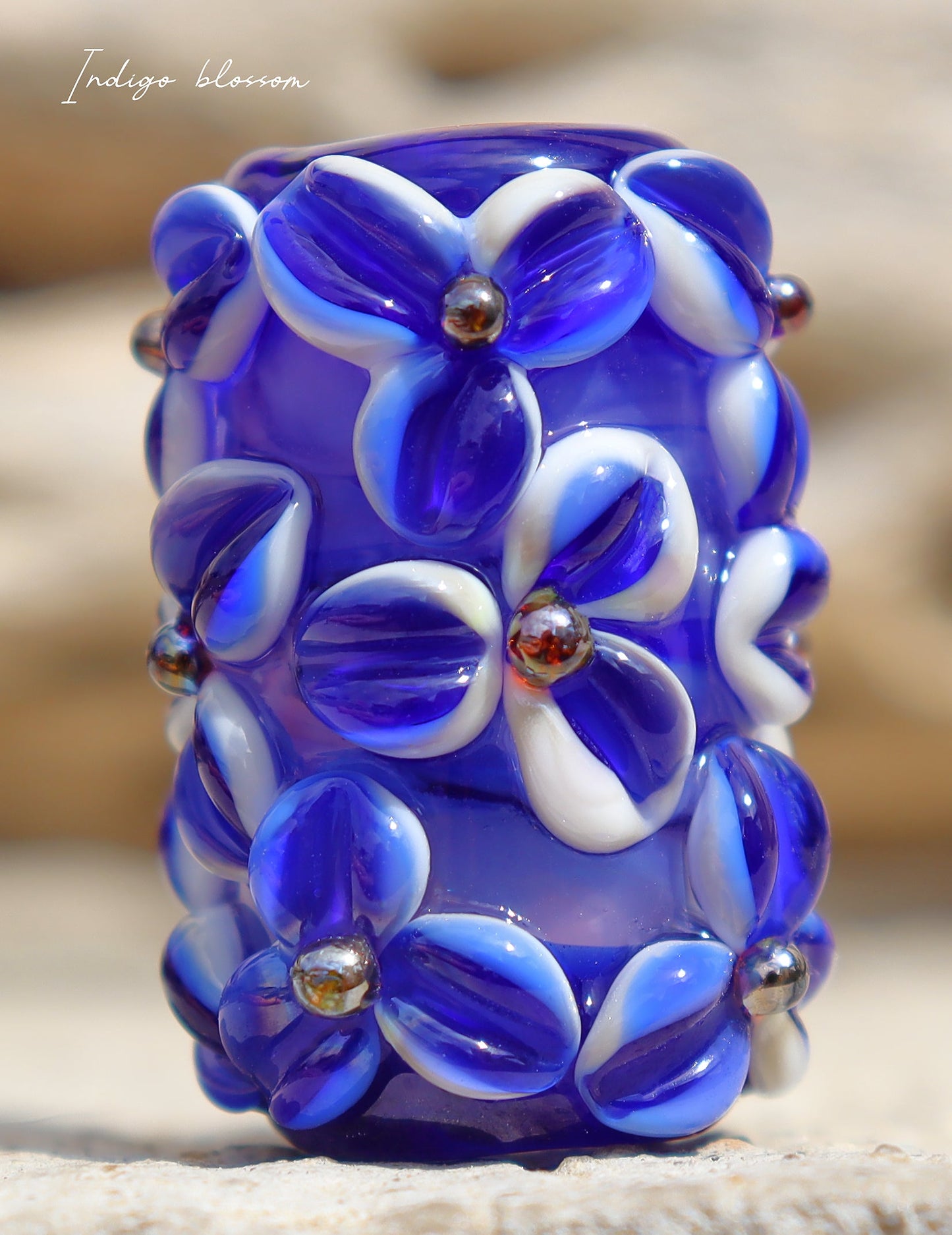 Indigo Blossom Lampwork Art Glass Charm Bead, Handmade Large Bead Holes for Show Leads, Dreadlocks, Jewelry Design