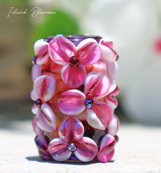 Island Flowers Lampwork Art Glass Charm Bead, Handmade Large Bead Holes for Show Leads, Dreadlocks, Jewelry Design