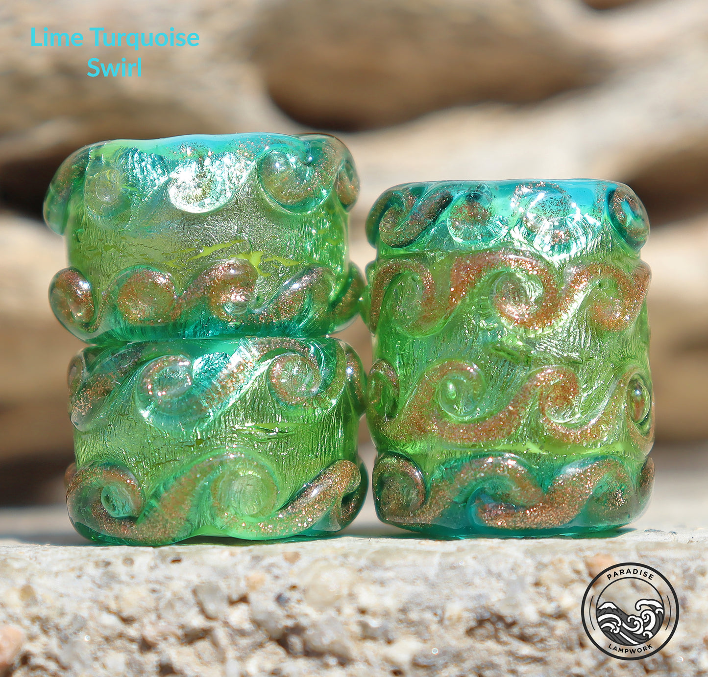 Lime Turquoise Swirl Focal Set Lampwork Art Glass Charm Beads, Handmade Large Bead Holes for Show Leads, Dreadlocks, Jewelry Design