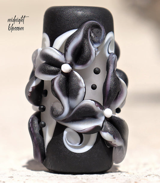 Midnight Blossom Lampwork Art Glass Charm Focal Bead, Handmade Lampwork, Large Bead Holes for Show Leads, Dreadlocks, Jewelry Design