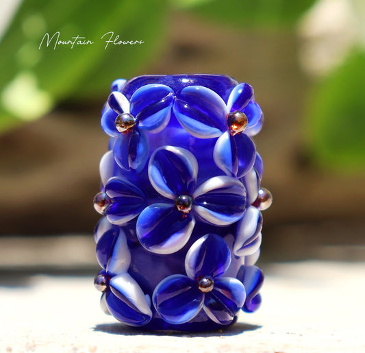 Mountain Flowers Lampwork Art Glass Charm Bead, Handmade Large Bead Holes for Show Leads, Dreadlocks, Jewelry Design