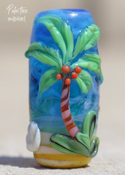 Palm Tree Surprise Lampwork Art Glass Charm Focal Bead, Handmade Lampwork, Large Bead Holes for Show Leads, Dreadlocks, Jewelry Design