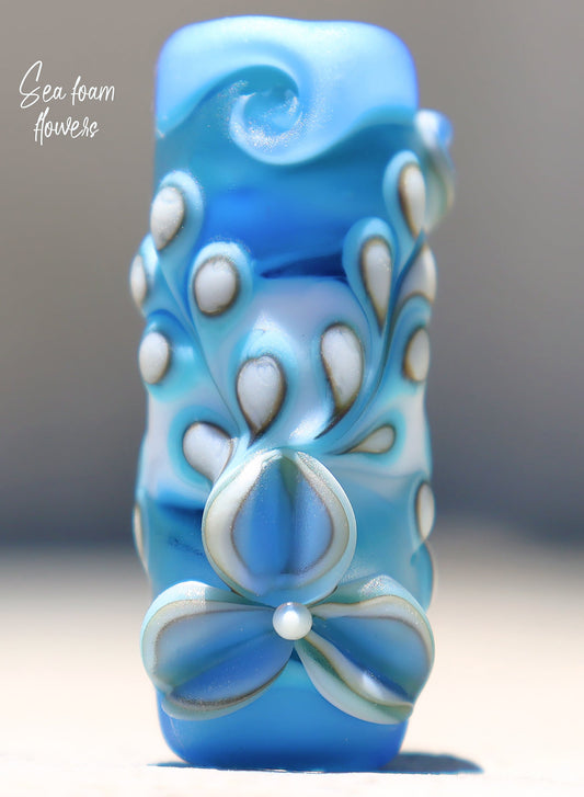 Seafoam Flowers Lampwork Art Glass Charm Bead, Handmade Lampwork, Large Bead Holes for Show Leads, Dreadlocks, Jewelry Design