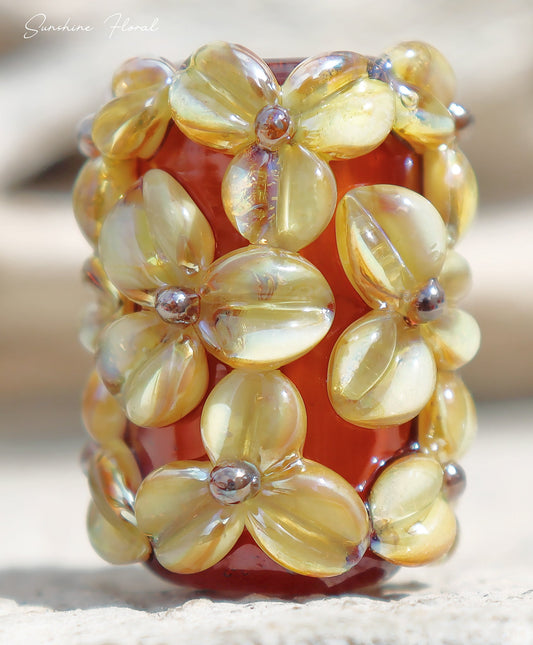 Sunshine Floral Lampwork Art Glass Charm Bead, Handmade Lampwork, Large Bead Holes for Show Leads, Dreadlocks, Jewelry Design