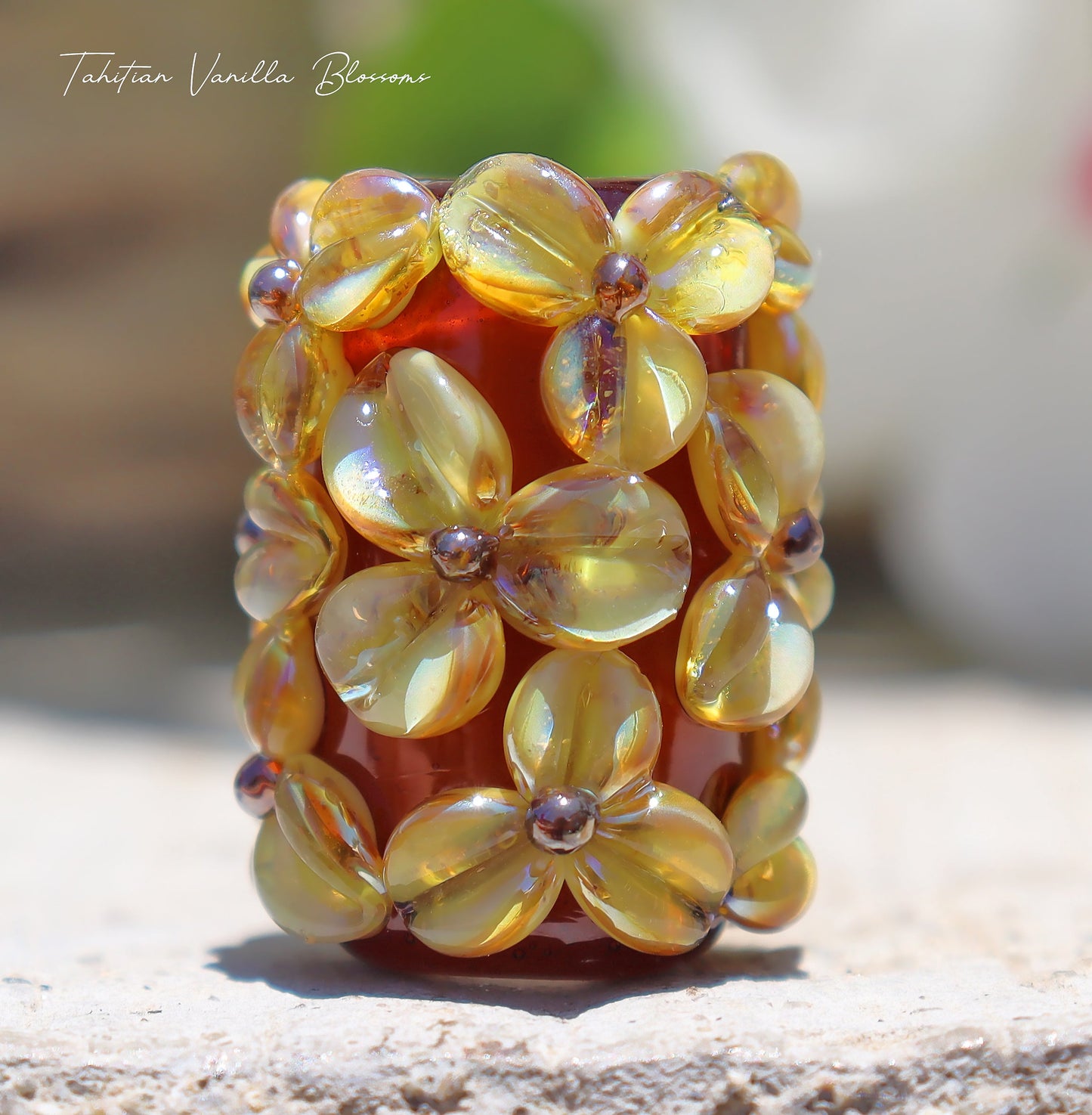 Tahitian Vanilla Blossoms Lampwork Art Glass Charm Bead, Handmade Large Bead Holes for Show Leads, Dreadlocks, Jewelry Design