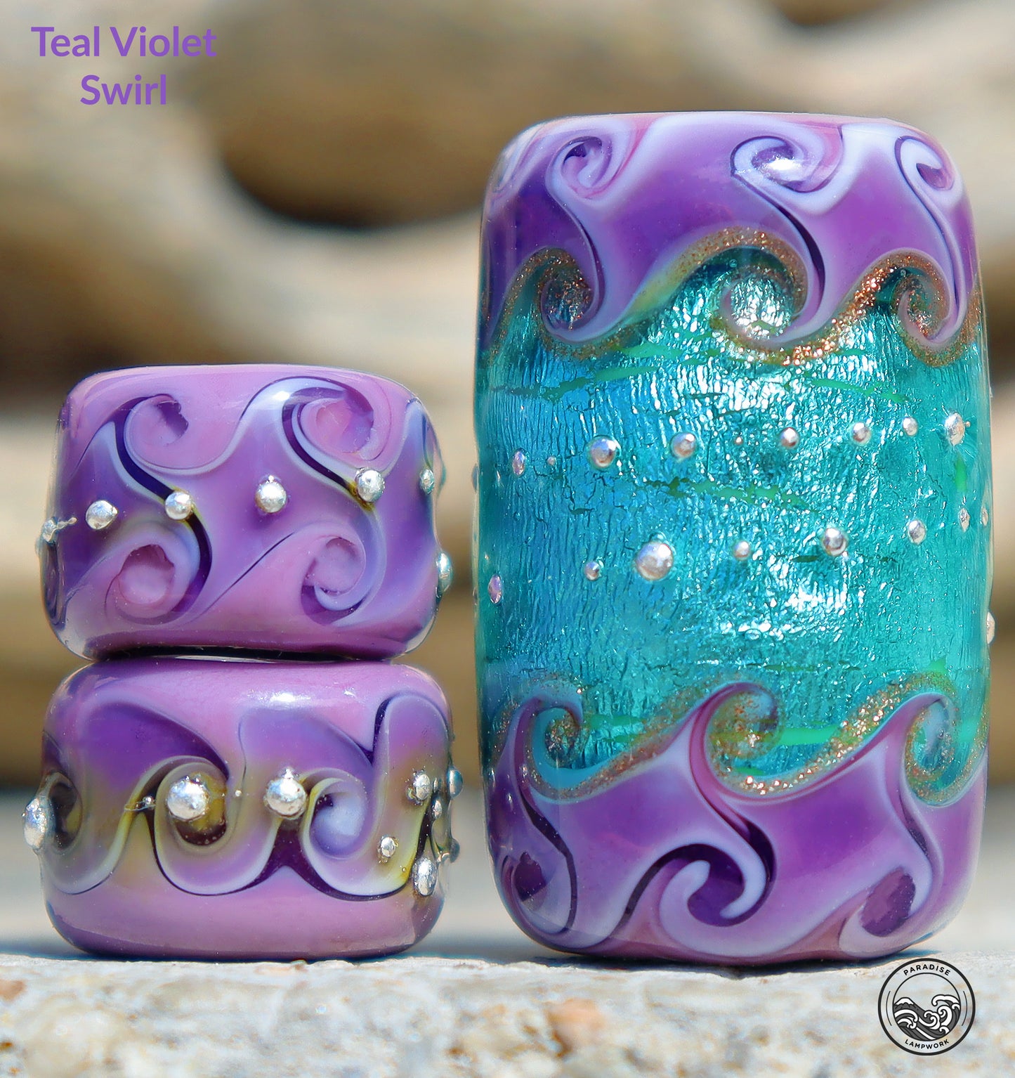 Teal Violet Swirl Focal Set Lampwork Art Glass Charm Beads, Handmade Large Bead Holes for Show Leads, Dreadlocks, Jewelry Design