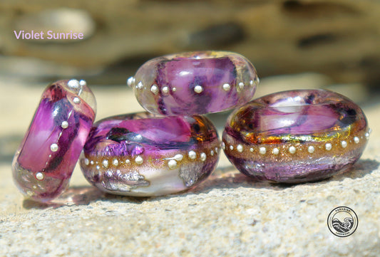 Violet Sunrise Lampwork Art Glass Charm Bead Set, Handmade Large Bead Holes for Show Leads, Dreadlocks, Jewelry Design