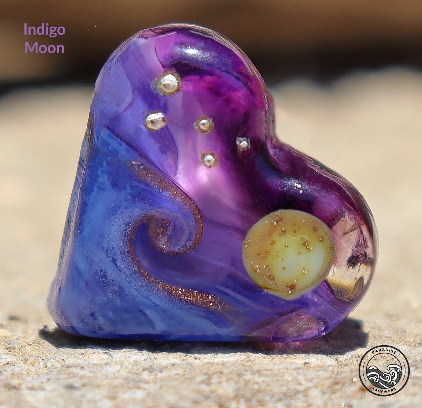 Indigo Moon Lampwork Heart Bead, Handmade Glass Art Bead for Jewelry Design