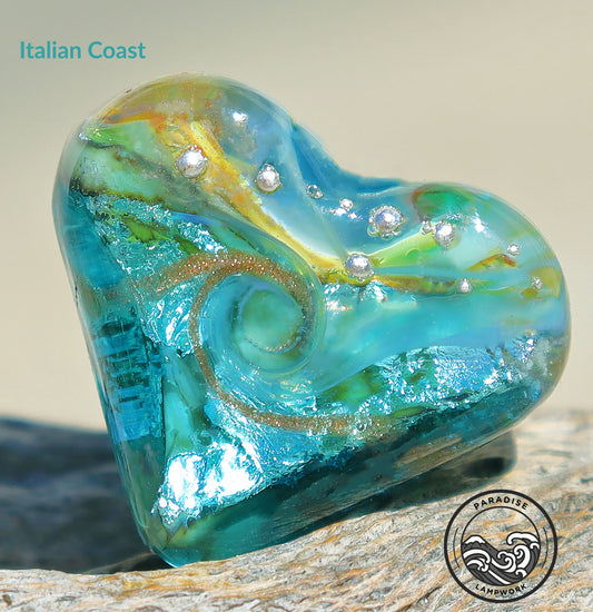 Italian Coast Lampwork Heart Bead, Handmade Glass Art Bead for Jewelry Design