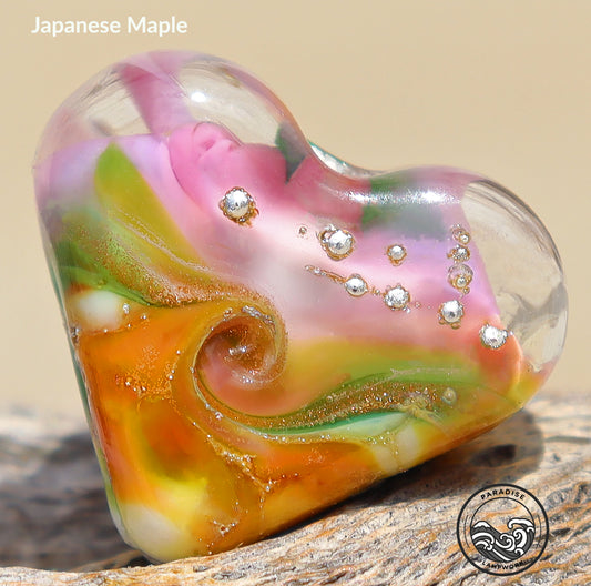 Japanese Maple Lampwork Heart Bead, Handmade Glass Art Beads for Jewelry design