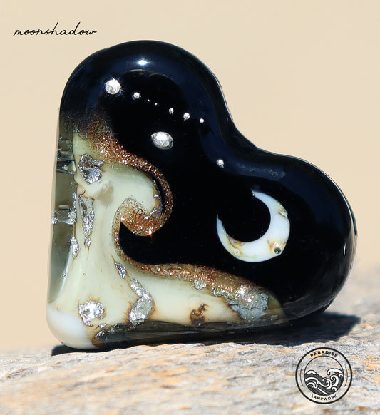 Moonshadow Lampwork Heart Bead, Handmade Glass Art Beads for Jewelry design