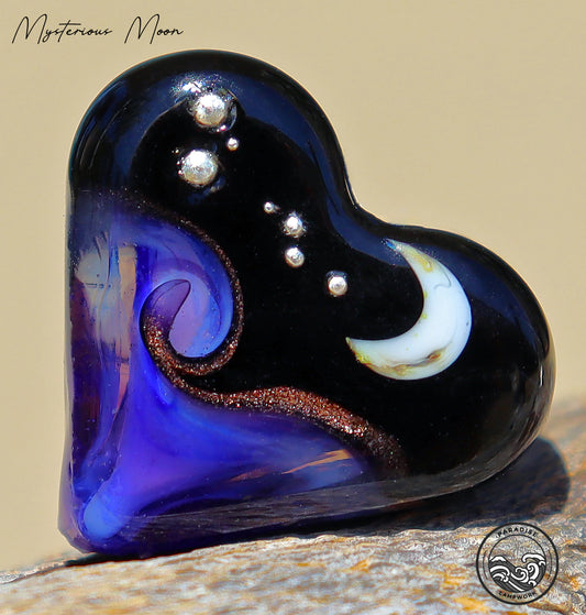 Mysterious Moon Lampwork Heart Focal Bead, Handmade Glass Art Beads for Jewelry design