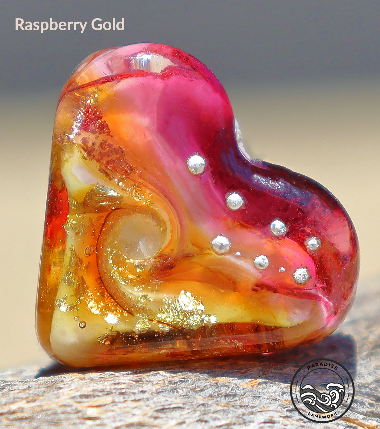 Raspberry Gold Lampwork Heart Bead, Handmade Glass Art Bead for Jewelry Design