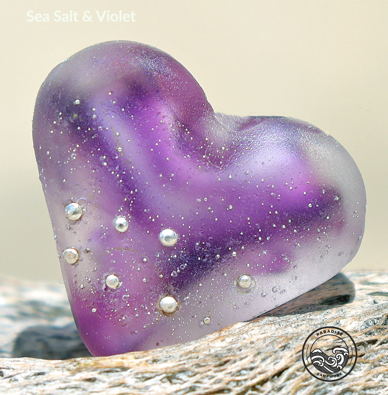 Sea Salt & Violet Lampwork Heart Bead, Handmade Glass Art Beads for Jewelry design