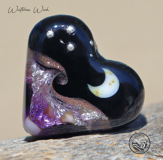 Wisteria Wish Lampwork Heart Bead, Handmade Glass Art Beads for Jewelry design