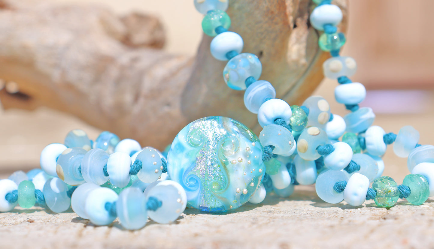 AQUAMARINE  Knotted Art Glass Necklace, boho beach style jewelry by glass artist Jenelle Aubade