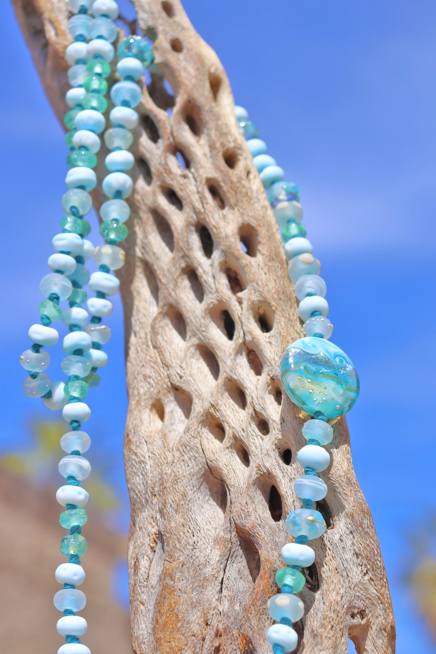 AQUAMARINE  Knotted Art Glass Necklace, boho beach style jewelry by glass artist Jenelle Aubade