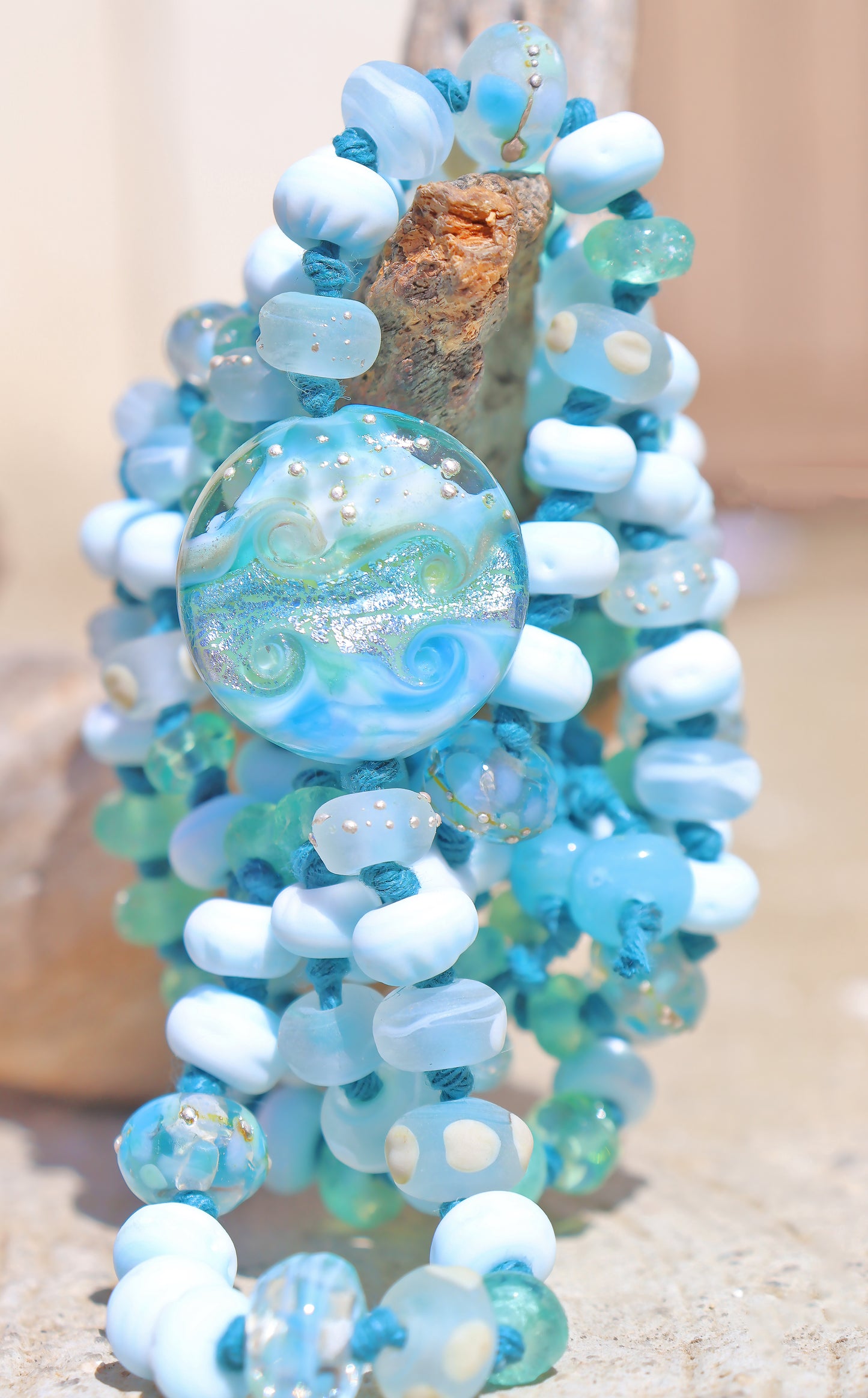 AQUAMARINE  Knotted Art Glass Necklace, boho beach style jewelry by glass artist Jenelle Aubade