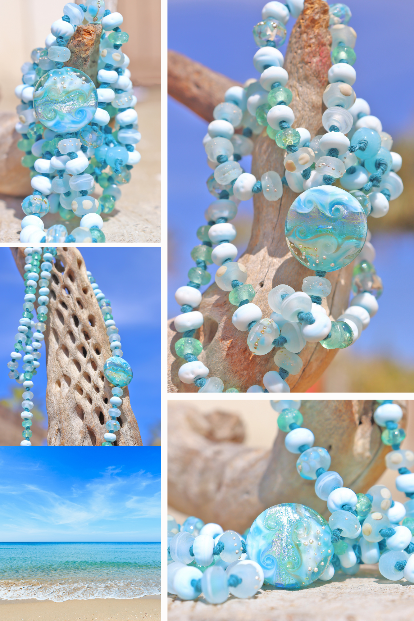 AQUAMARINE  Knotted Art Glass Necklace, boho beach style jewelry by glass artist Jenelle Aubade