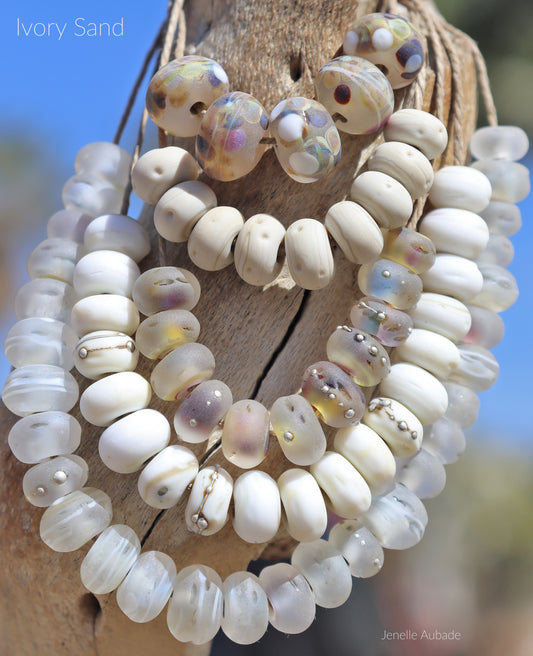 Ivory Sand Lampwork Bead Strands, Handmade Glass Art Beads for Jewelry design, Tumbled Sea Glass Finish