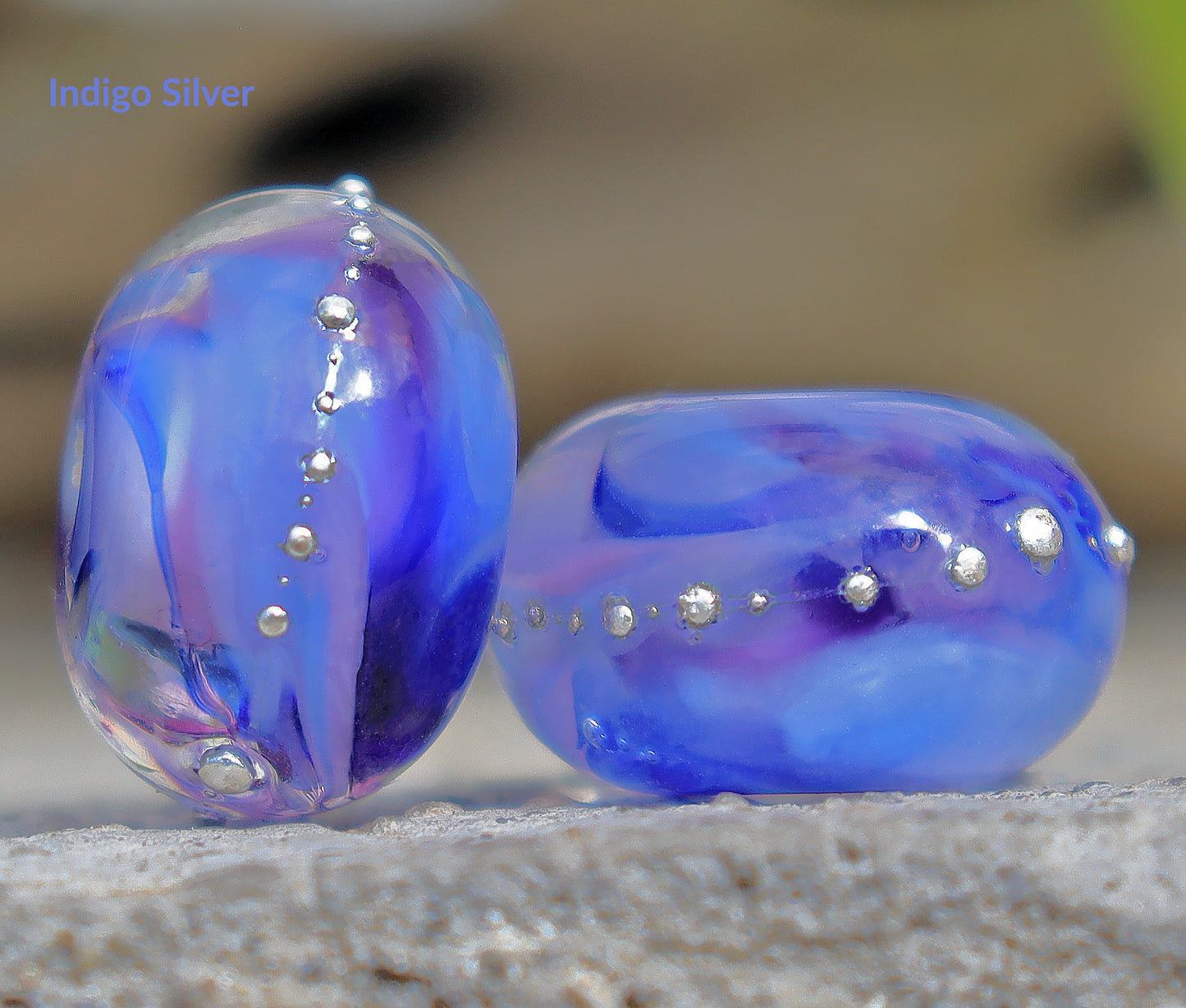 Indigo Silver Lampwork Round Bead Set, Handmade Glass Art Beads for Jewelry design