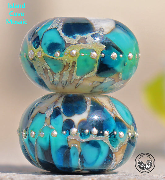 Island Cove Mosaic Lampwork Round Bead Set, Handmade Glass Art Beads for Jewelry design