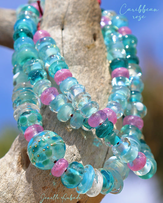 Caribbean Rose Handmade Glass Lampwork Bead Strand for Jewelry Design