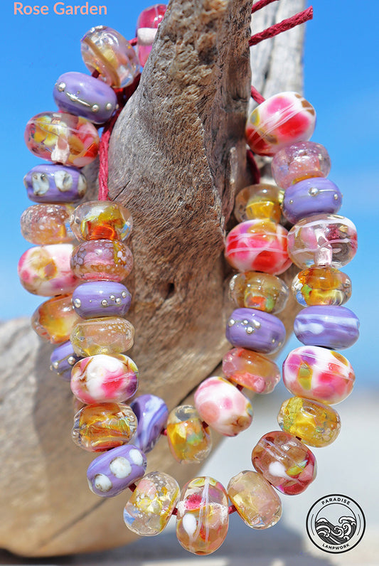 Rose Garden Handmade Glass Lampwork Bead Strand for Jewelry Design