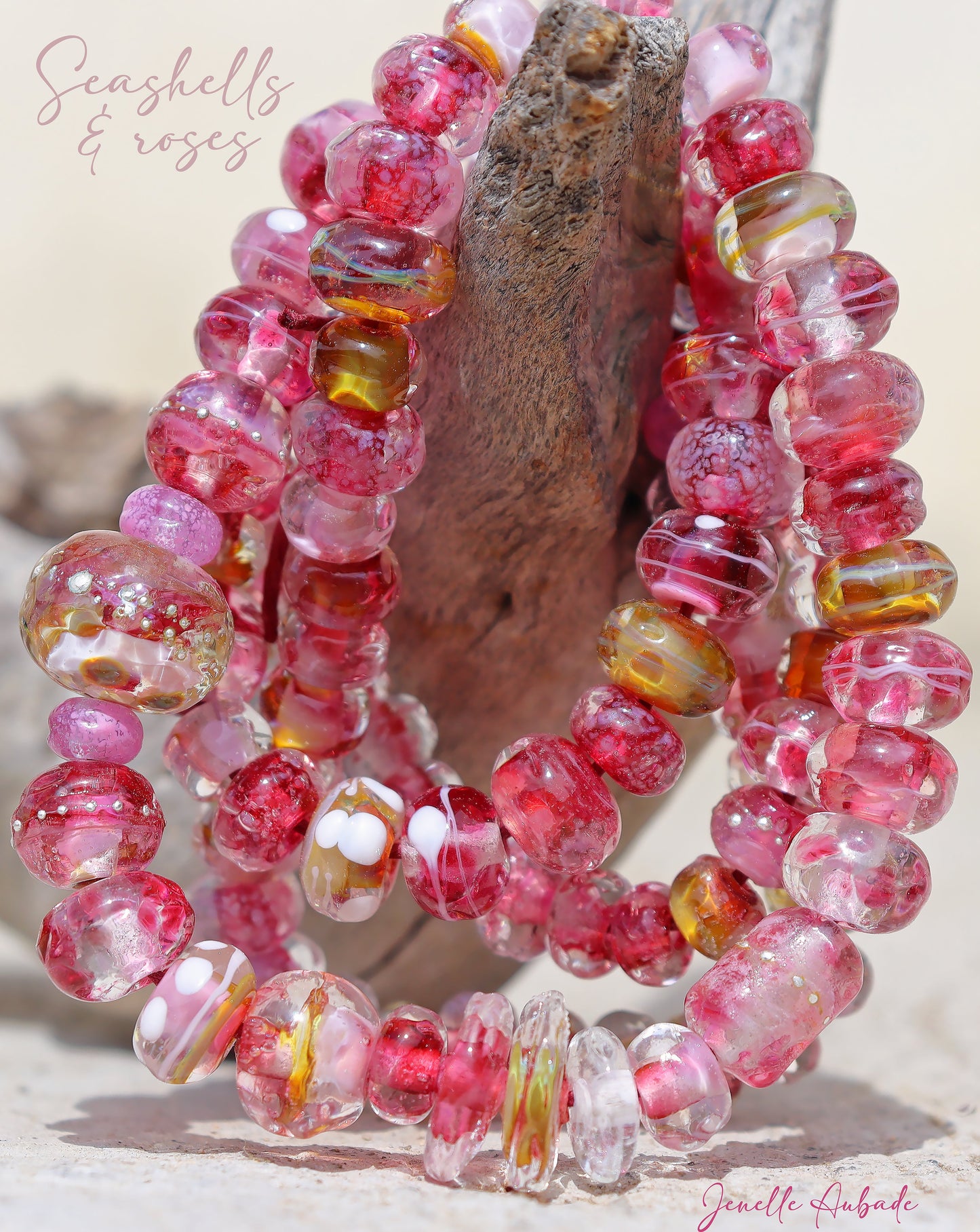 Seashell & Roses Handmade Glass Lampwork Bead Strand for Jewelry Design