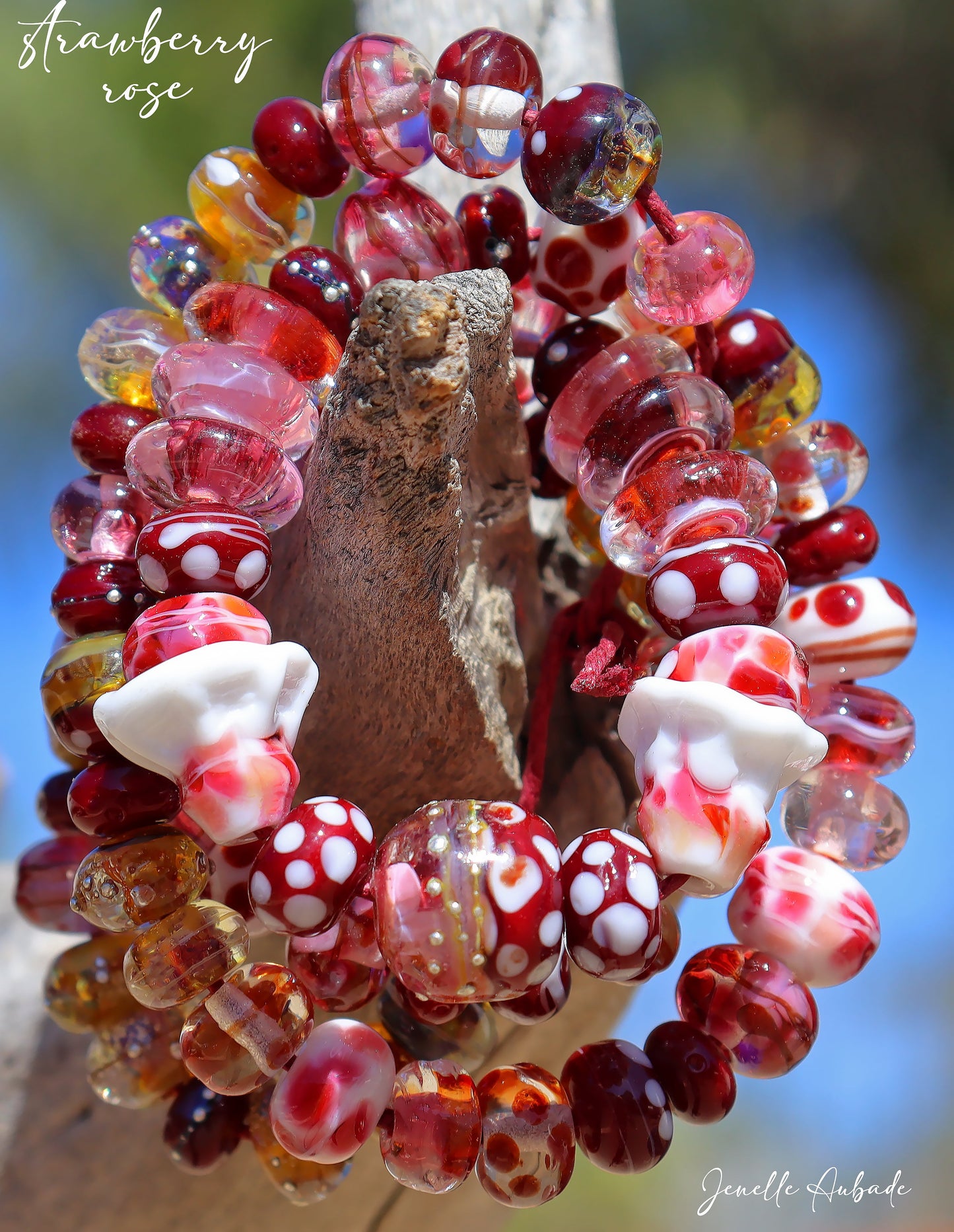 Strawberry Rose Handmade Glass Lampwork Bead Strand for Jewelry Design