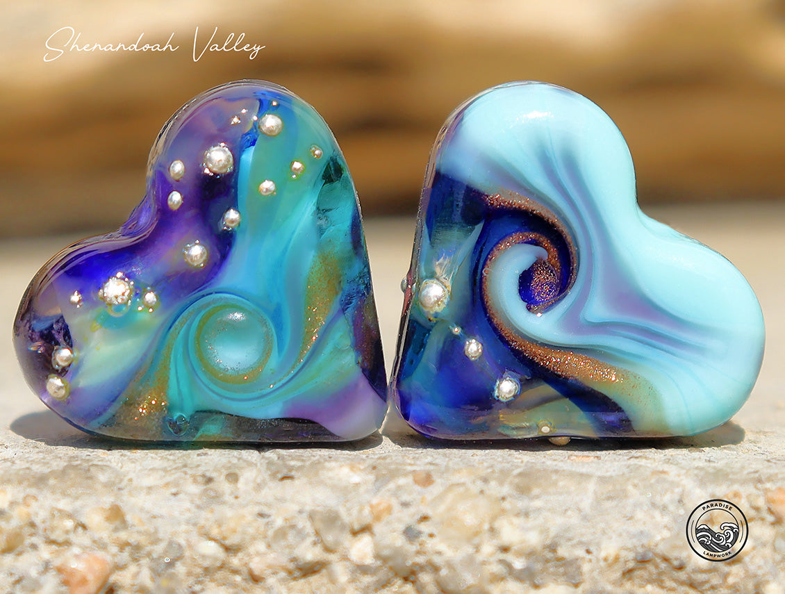 Shenandoah Valley Lampwork Heart Bead Pair, Handmade Glass Art Beads for Jewelry design