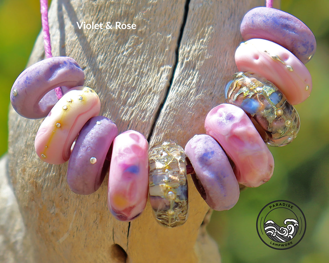 Violet Rose Lampwork Art Glass Charm Beads, Handmade Large Bead Holes for Show Leads, Dreadlocks, Jewelry Design