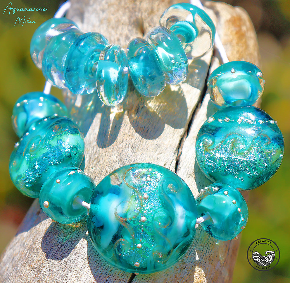 AQUAMARINE MILAN Button Bead Set, Handmade Glass Lampwork for Jewelry Design