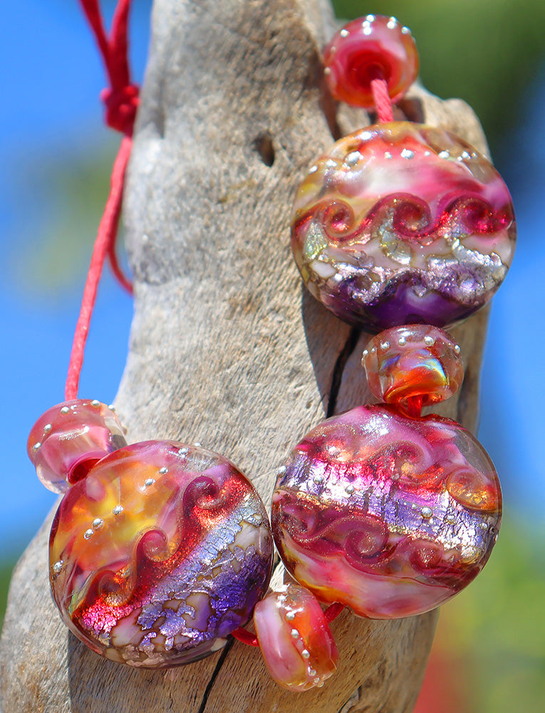 Caribbean good Rose Button Lampwork Bead Set, Handmade Lampwork