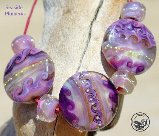 Seaside Plumeria Button Bead Set, Handmade Glass Lampwork for Jewelry Design