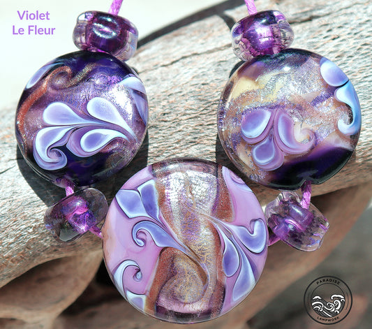 Violet Le Fleur Button Beads, Handmade Glass Lampwork for Jewelry Design