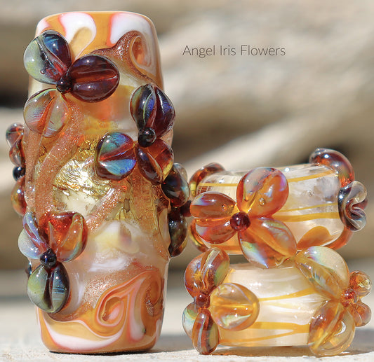 Angel Iris Flowers Lampwork Art Glass Charm Beads, Handmade Large Bead Holes for Show Leads, Dreadlocks, Jewelry Design